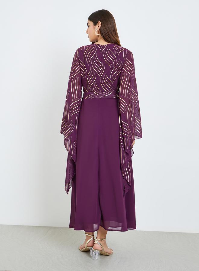 Styli Women Purple Printed Bell Sleeve A-Line Maxi Dress - Image 5